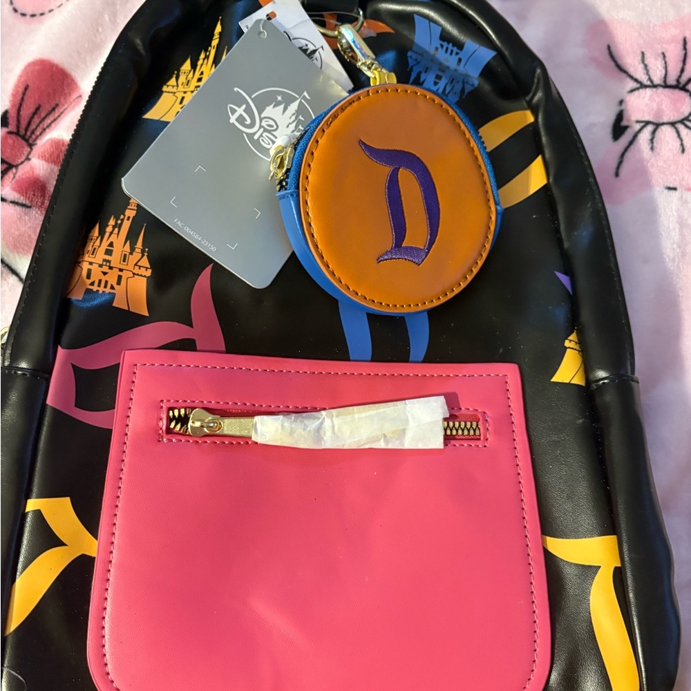 Disney Black Backpack with Pink Pocket and Orange Pouch